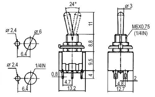 Přepínač páčkový    3pol./6pin  ON-OFF-ON
