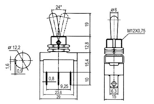 Přepínač páčkový  2pol./3pin  ON-ON  12V