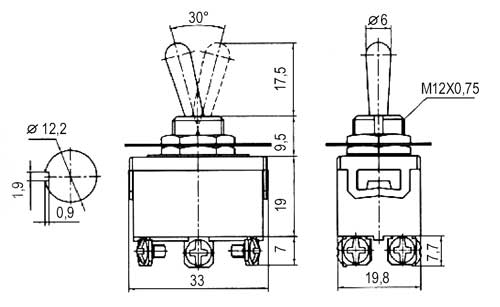 Přepínač páčkový  3pol./6pin  ON-OFF-ON 250V/10A šroub.