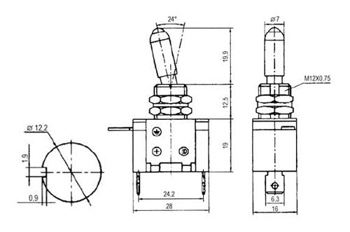 Přepínač páčkový   2pol./2pin  ON-OFF 12VDC/25A  LED zelená