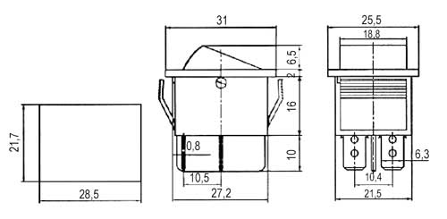 Přepínač kolébkový   2pol./4pin  ON-OFF 250V/15A červený