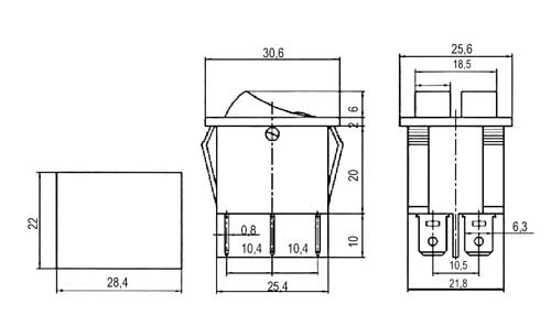 Přepínač kolébkový  2x(2pol./3pin) ON-OFF 250V/15A pros. bod R