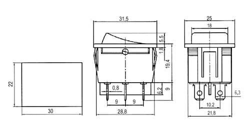 Přepínač kolébkový   2pol./6pin  ON-ON 250V/15A černý