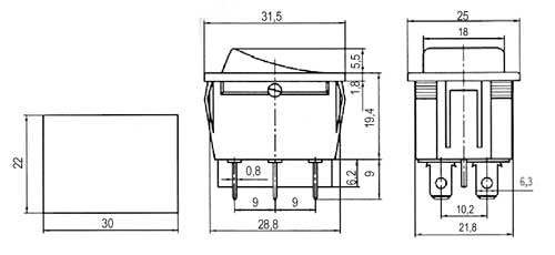 Přepínač kolébkový   3pol./6pin  ON-OFF-ON 250V/15A černý