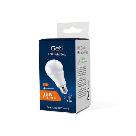 Žárovka LED E27 15W A65 bílá teplá GETI SAMSUNG čip