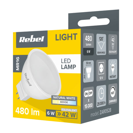 Žárovka LED MR16 6W bílá přírodní REBEL ZAR528-1