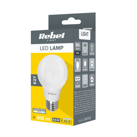 Žárovka LED E27 8,5W A60 bílá přírodní REBEL ZAR0552