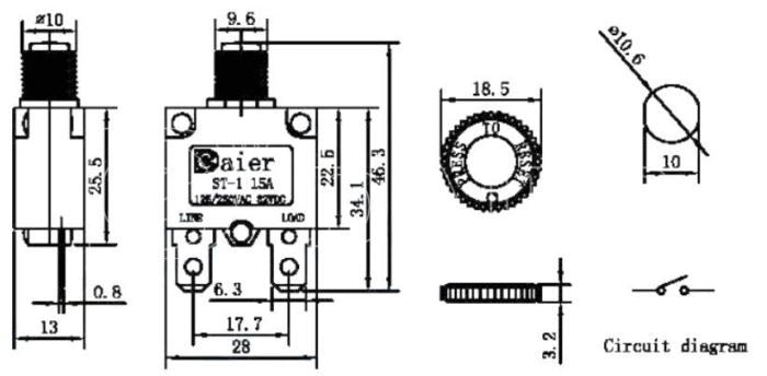 Nadproudový tepelný jistič ST-1 250VAC/15A nebo 32VDC/15A
