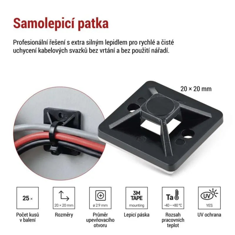 Samolepicí příchytka stahovacího pásku EMOS A2831 20×20mm černá 25 ks