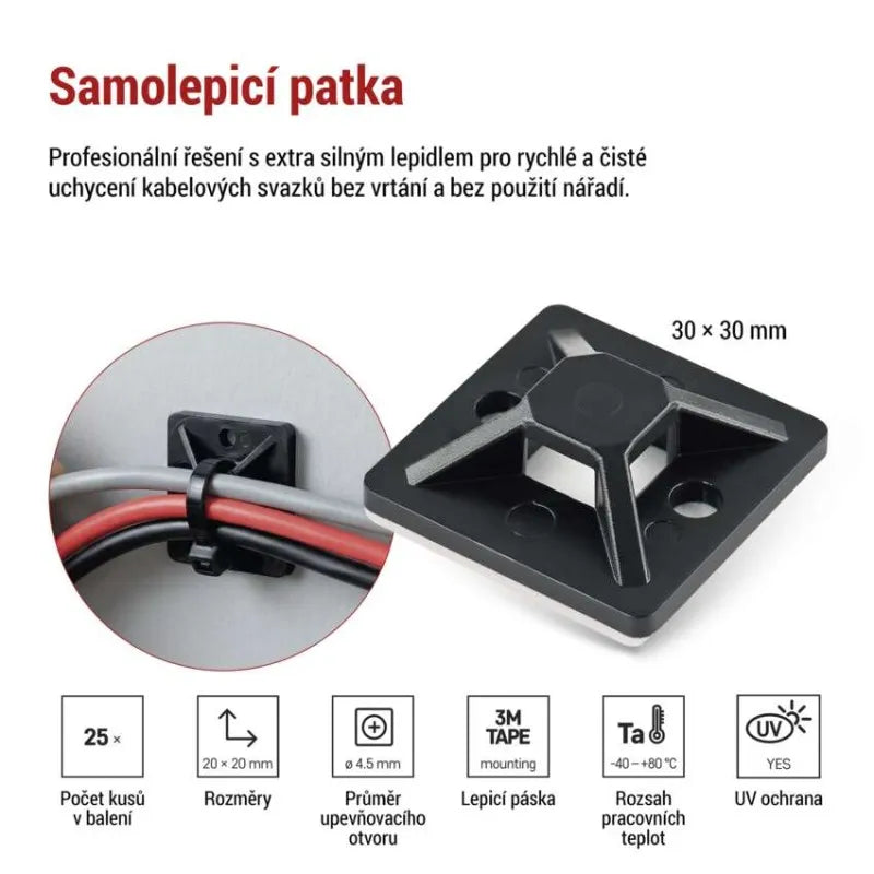 Samolepicí příchytka stahovacího pásku EMOS A2833 30×30mm černá 25 ks