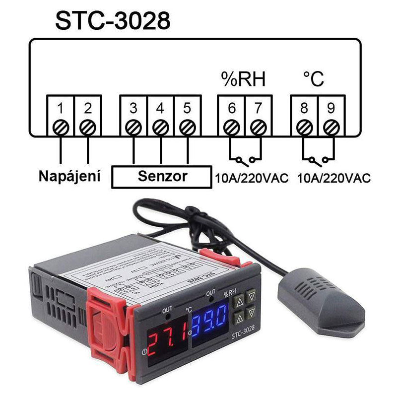 Digitální termostat a hygrostat STC-3028, napájení 230VAC