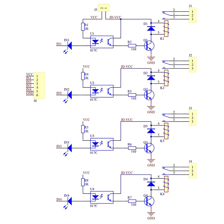 Modul relé 4x, napájení 5V, s optočlenem